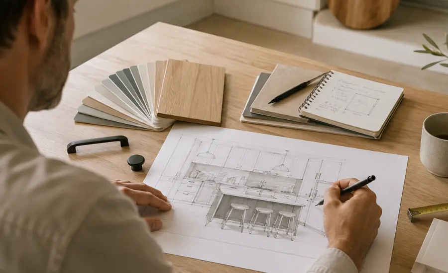 Croquis d'un projet de cuisine en cours de dessin, échantillons de bois à proximité