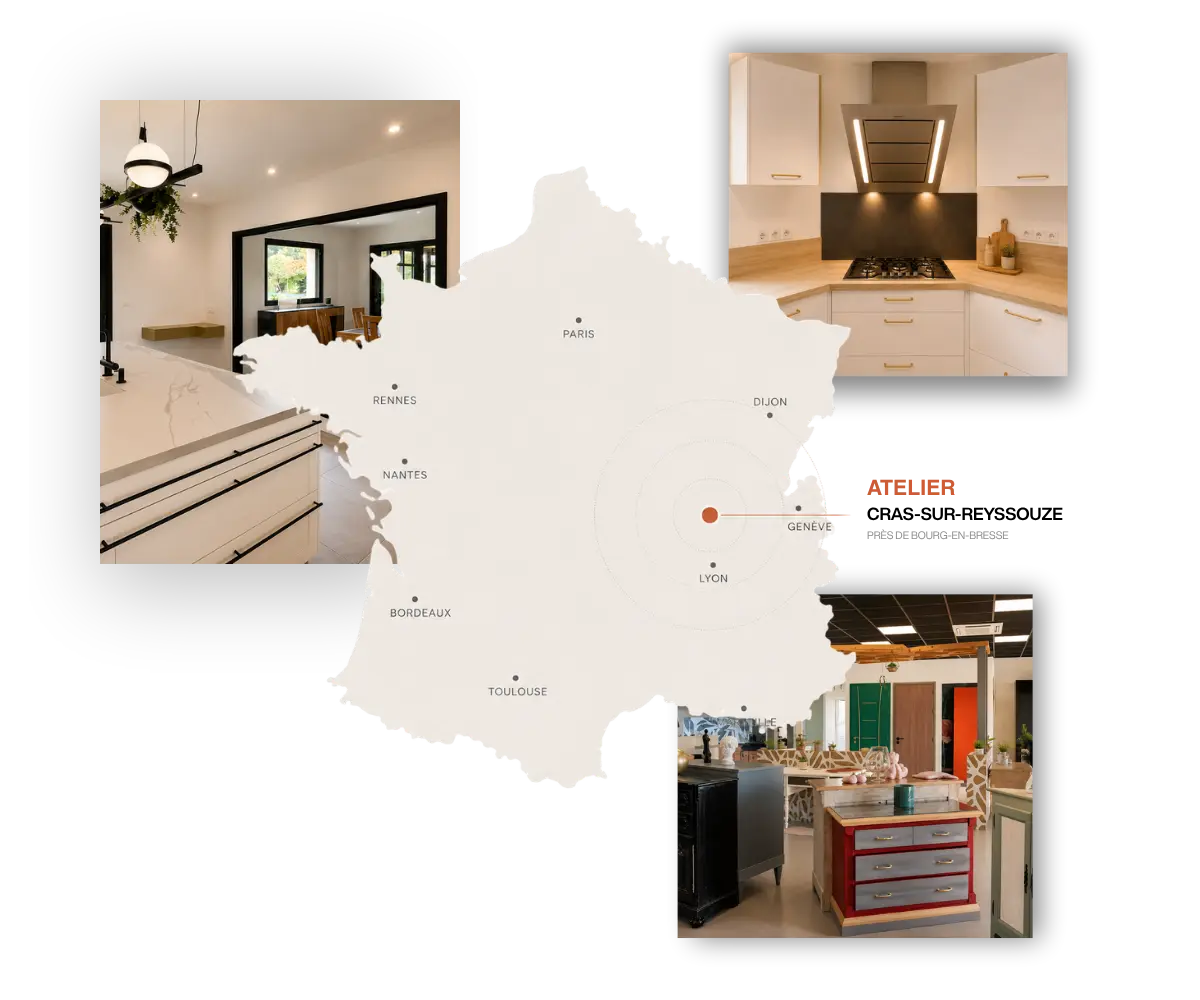 Carte de la zone d'intervention de l'atelier : Ain et Bresse, jusqu'à 100 km
