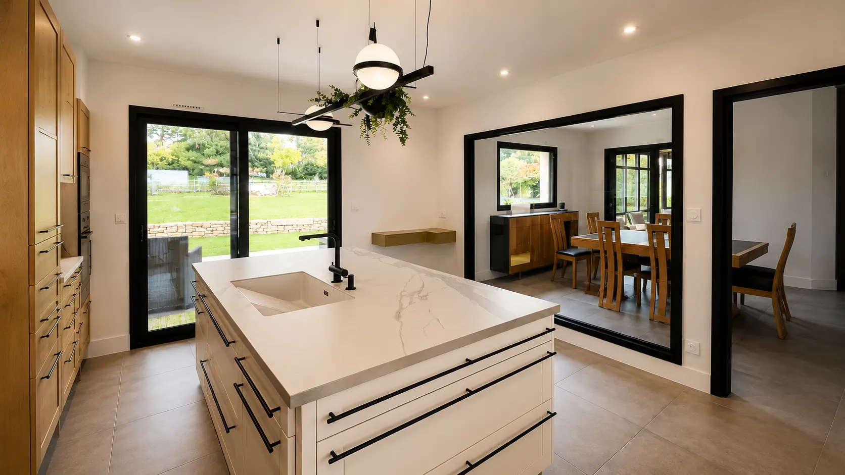 Cuisine neuve avec îlot central, ouverte sur salle à manger