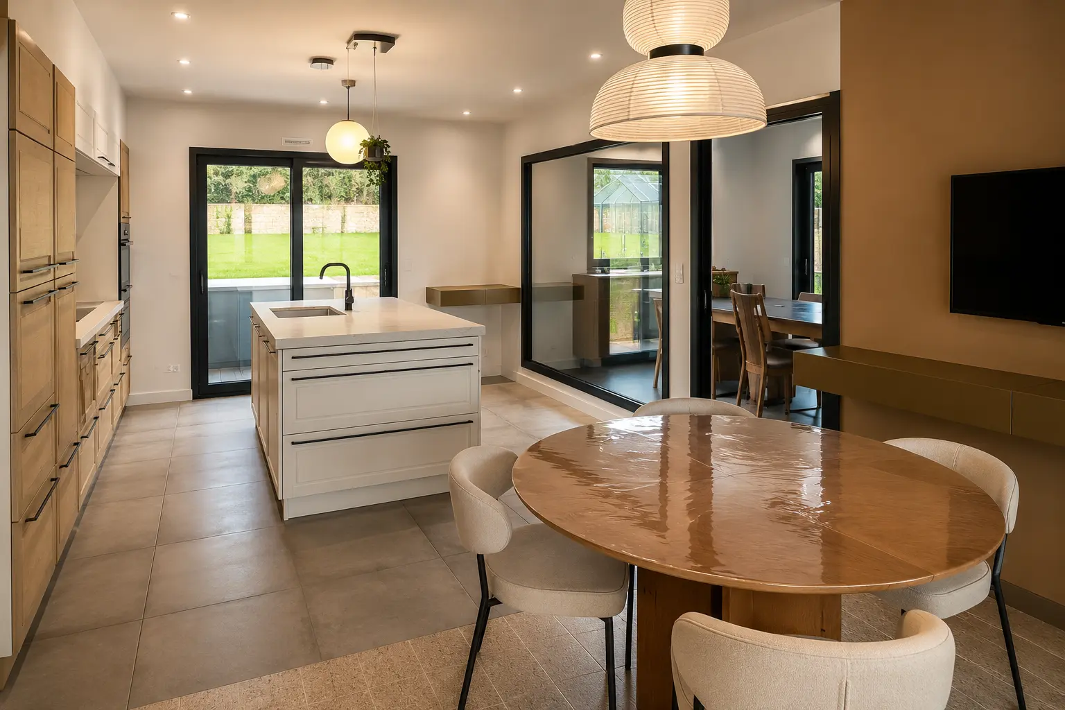 Cuisine neuve avec îlot central, ouverte sur salle à manger et jardin