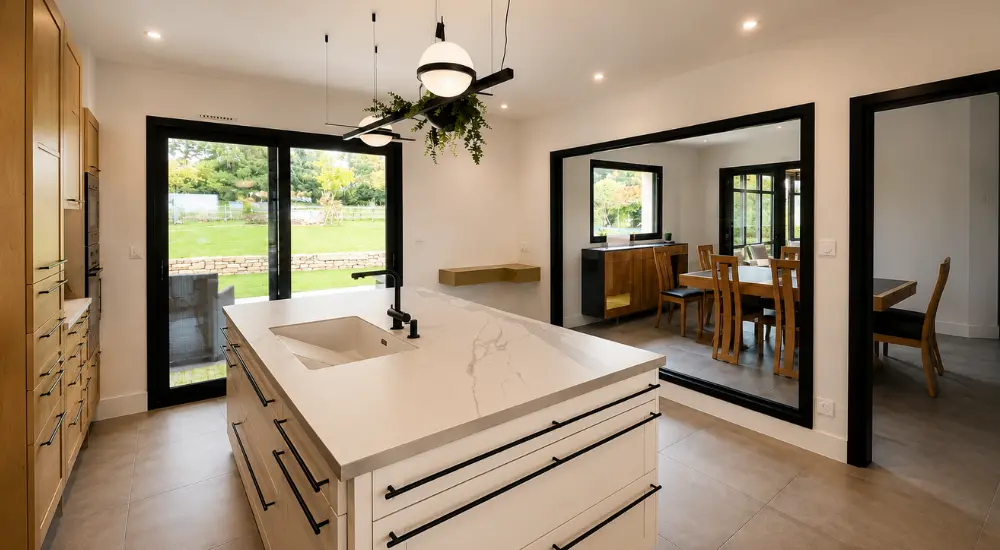 Cuisine rénovée avec îlot central et ouverture sur le jardin