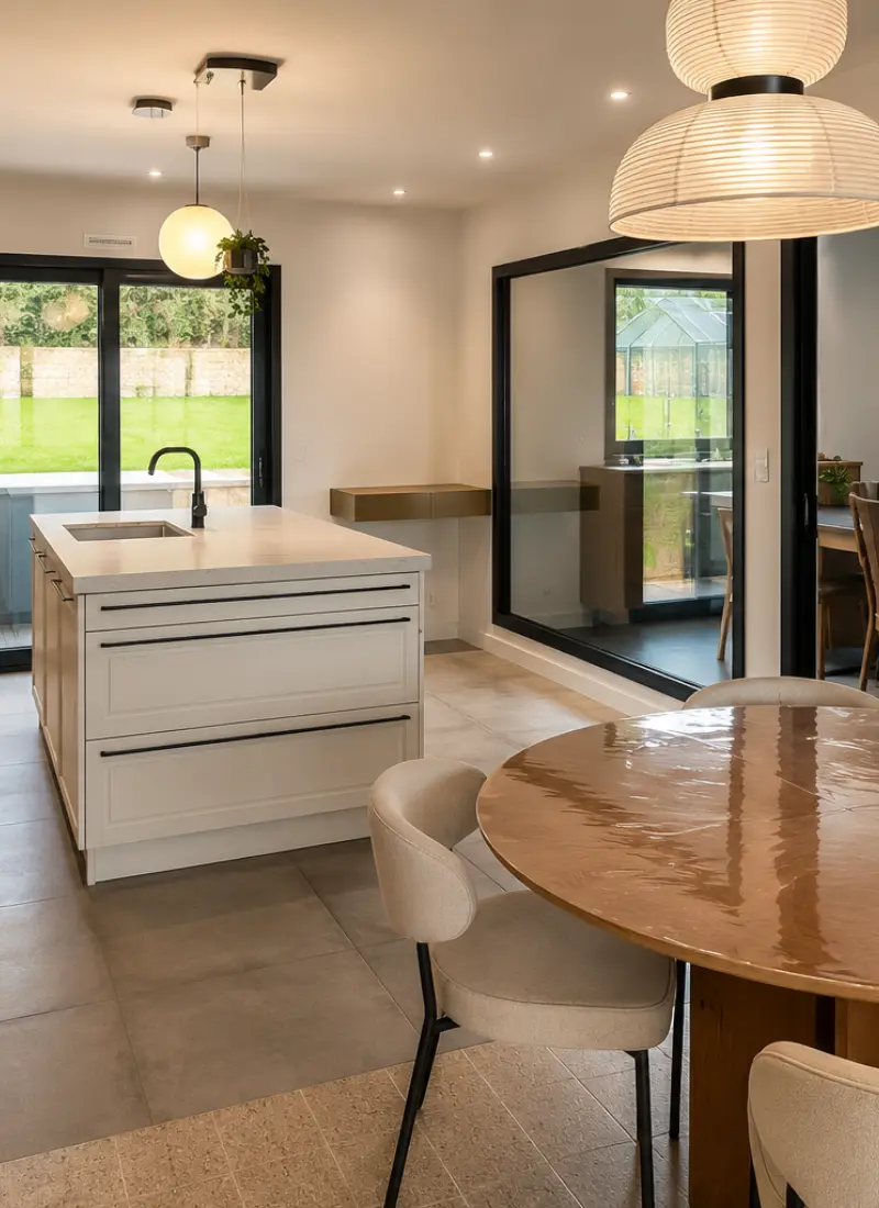Cuisine sur mesure avec îlot central et ouverture sur salle à manger