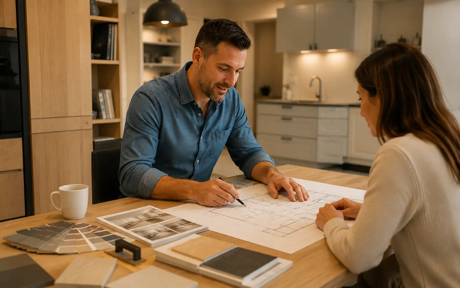 Damien et une cliente étudiant ensemble les plans d'un projet de cuisine