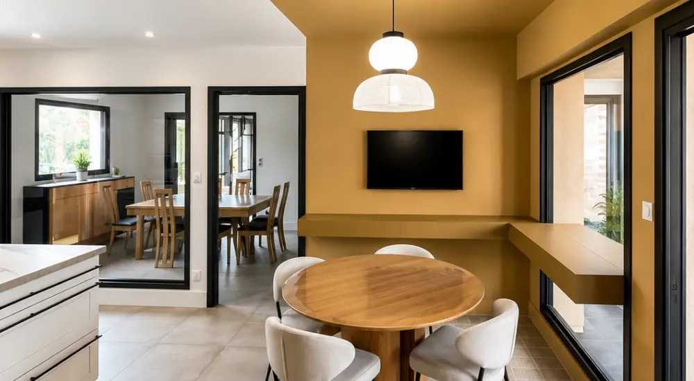 Cuisine ouverte sur la salle à manger, réagencée pour la circulation et la lumière