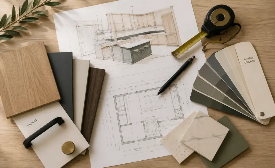 Échantillons de bois et tissu, plan de maison et mètre ruban sur table