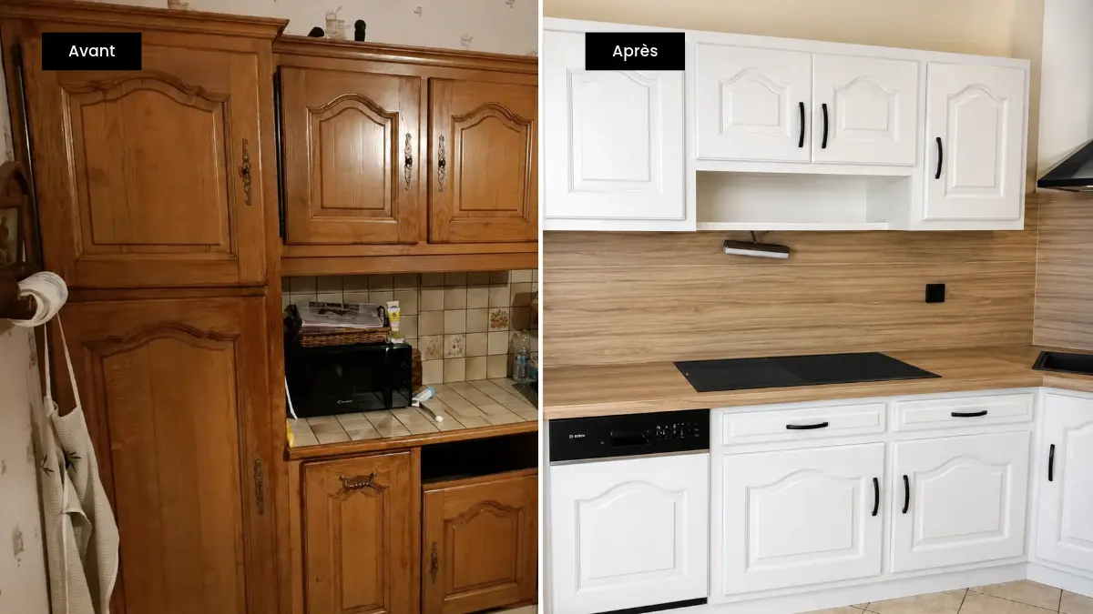 Cuisine avant rénovation, ancienne et vieillissante ; après rénovation, style moderne et épuré